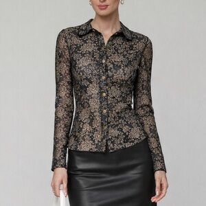 🆕✨ Ramy Brook New York Black & Gold Metallic Lace Blouse Top Size M NWT Party